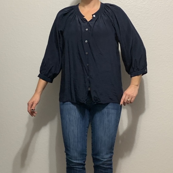Creme Fraiche Navy Blue Loose Puffy Sleeve Blouse - Picture 2 of 6